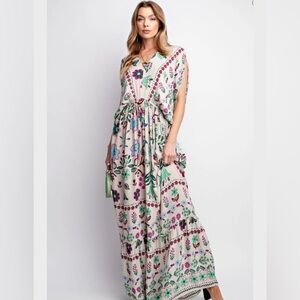 easel Cream Maxi Dress with Green and Purple Floral Print
